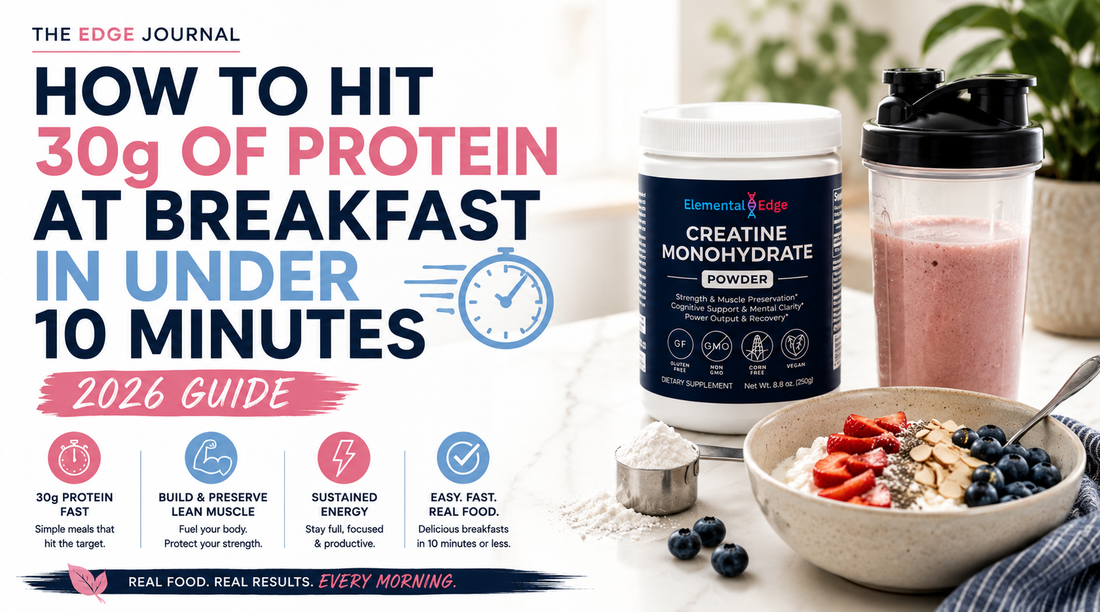 30 grams of protein breakfast in under 10 minutes for adults over 40 — smoothie, eggs, and Greek yogurt bowl with Elemental Edge Creatine Monohydrate