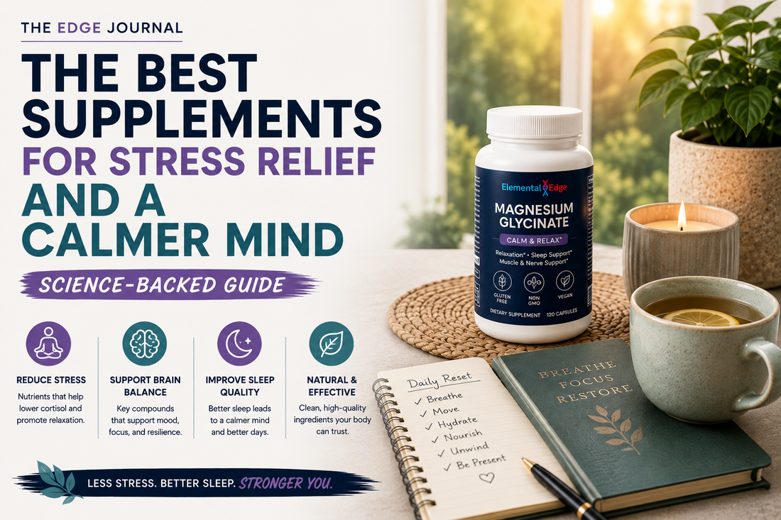 Magnesium glycinate, ashwagandha and L-theanine supplements arranged for a guide to the best supplements for stress relief and a calmer mind
