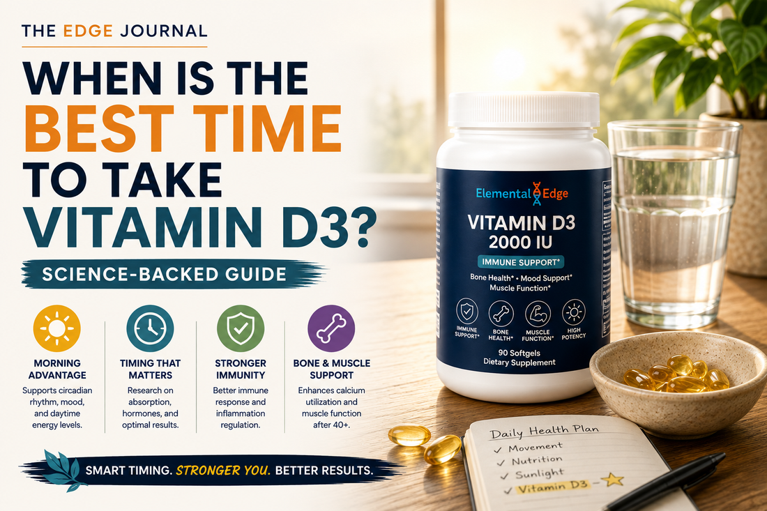 When is the best time to take vitamin D3 — Elemental Edge Vitamin D3 2,000 IU softgels with a glass of water and a daily health plan checklist for adults over 40