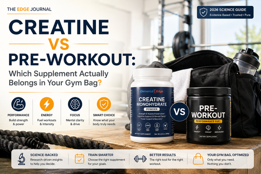 Creatine vs pre-workout: micronized creatine monohydrate beside a high-stimulant pre-workout tub in a gym bag