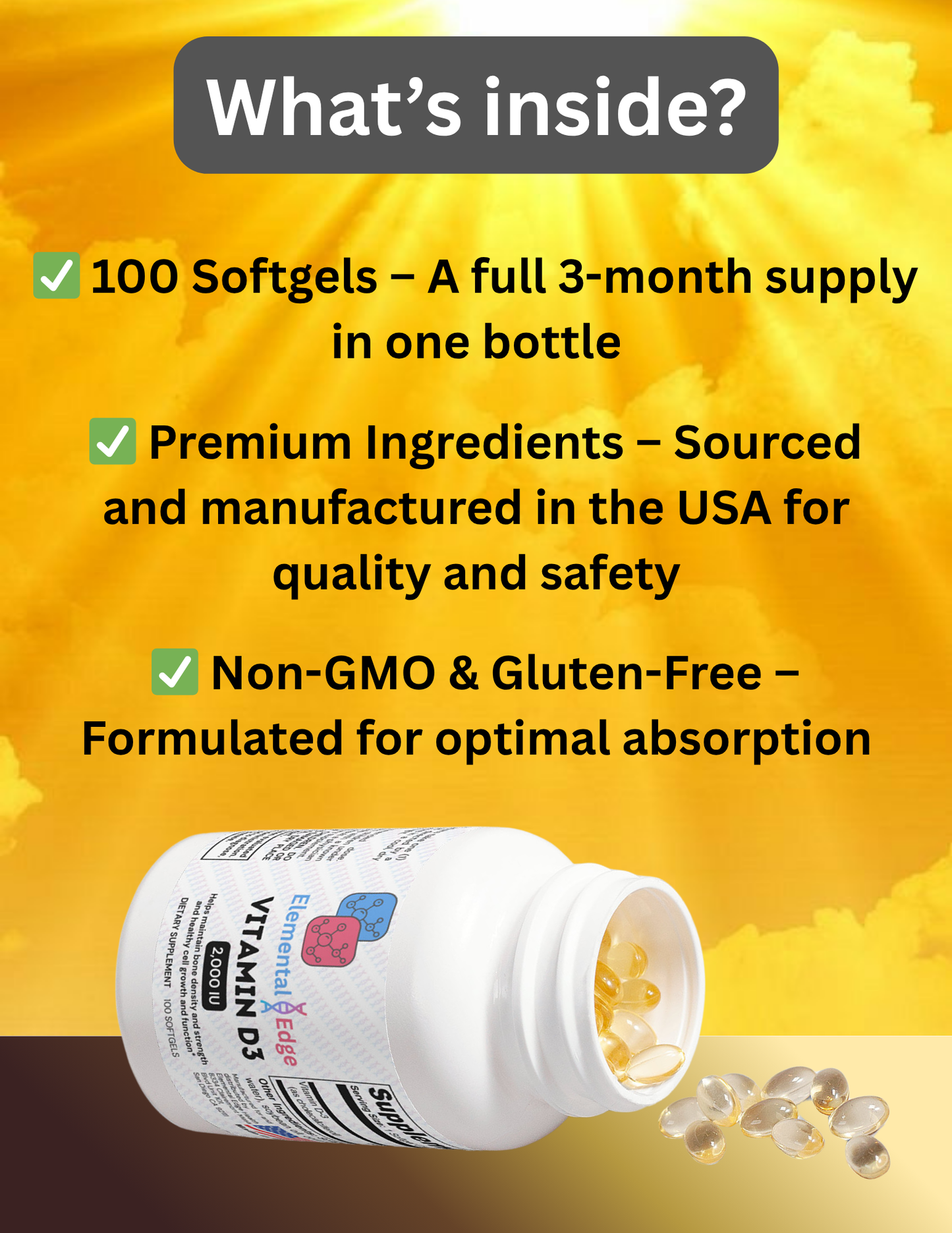 Vitamin D3 2,000 IU – Strength, Immunity & Sunshine in Every Softgel | Elemental Edge