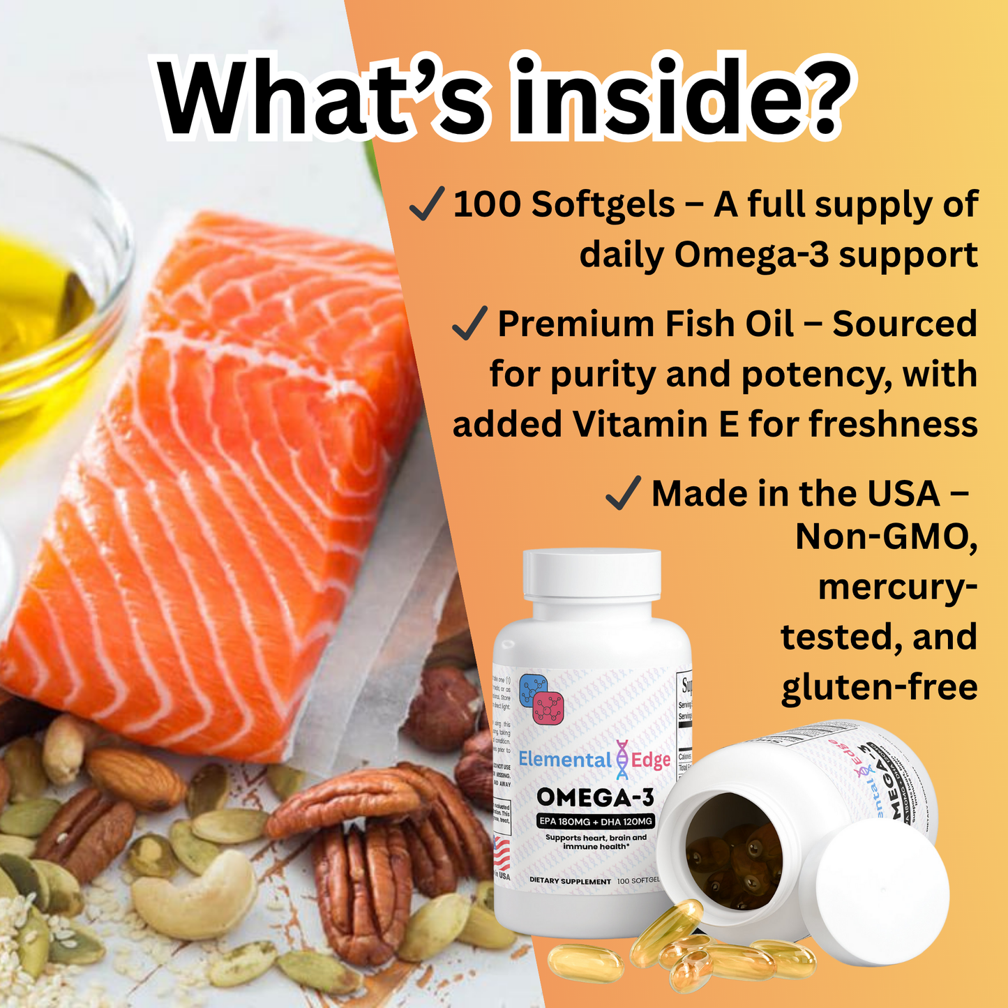 Omega-3 EPA 180mg + DHA 120mg – Heart, Brain & Joint Support | Elemental Edge