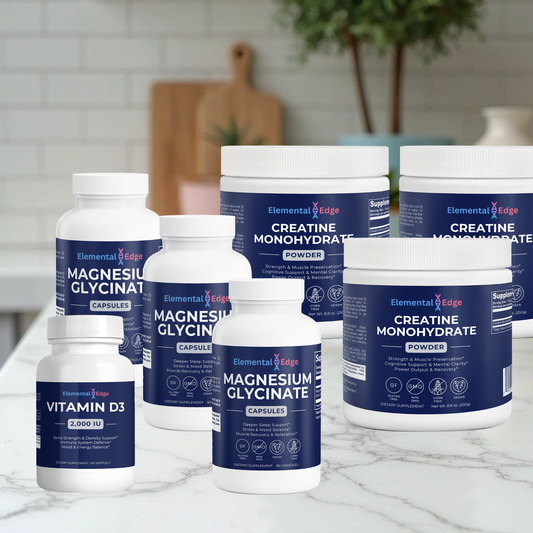 90-Day Foundation Bundle seven bottle shipment - three Magnesium Glycinate, three Creatine Monohydrate and one Vitamin D3